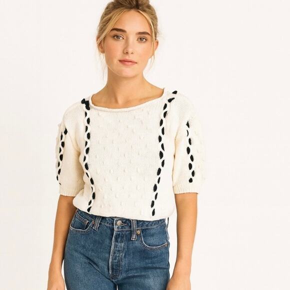 Vintage Hand Knit French Girl Preppy Coastal Short Sleeve Sweater With Pom Poms - Picture 12 of 12